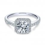 14K White Gold Petite Diamond Halo ANd French Pave Shank 14K White Gold Engagement Ring ER7252W44Jj
