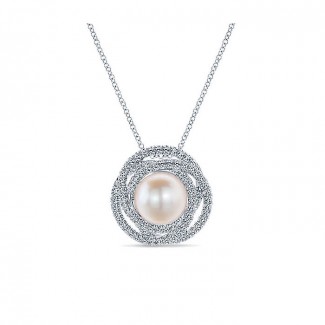 14k White Gold Diamond Pearl Fashion Necklace