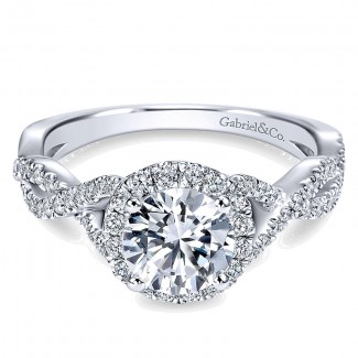 14K White Gold Halo ANd Twisted Diamond Pave Shank 14K White Gold Engagement Ring ER7543W44Jj