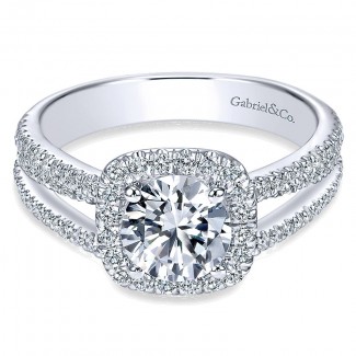 14K White Gold Round Diamond Halo Pave Split Shank 14K White Gold Engagement Ring ER7786W44Jj