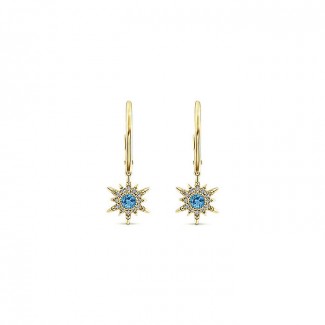 14k Yellow Gold Diamond Swiss Blue Topaz Drop Earrings