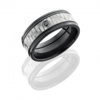 Lashbrook Zirconium 9mm Flat Band With 5mm Of Silver Carbon Fiber, Grooved Edges And Bezel-Set .05 B