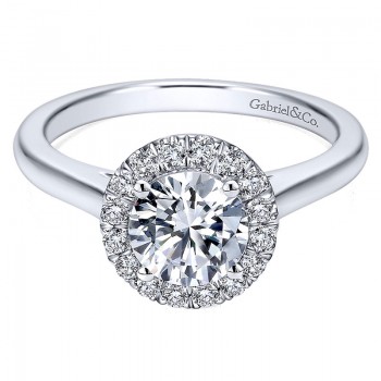 14K White Gold Diamond Pave Halo Rounded Shank 14K White Gold Engagement Ring ER7265W44Jj