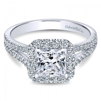 14K White Gold Halo ANd Pave Split Shank Diamond 14K White Gold Engagement Ring ER7277W44Jj