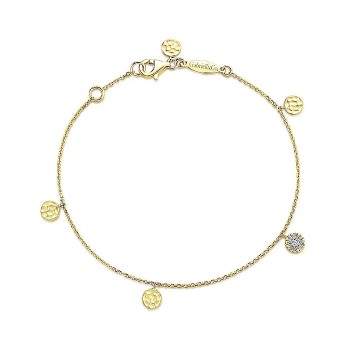 14k Yellow Gold Diamond Circle Charm Chain Bracelet