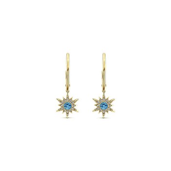 14k Yellow Gold Diamond Swiss Blue Topaz Drop Earrings