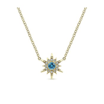 14k Yellow Gold Diamond Swiss Blue Topaz Fashion Necklace