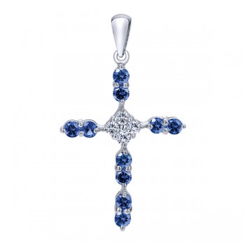 14k White Gold Diamond And Sapphire Cross Cross Pendant